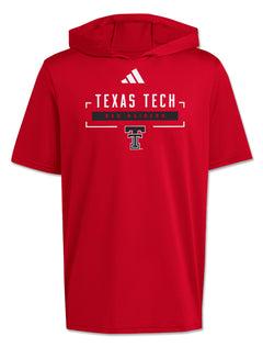 Red Adidas Texas Tech short sleeve hooded tee with the adidas Badge of Sport above a stacked chest lockup reading TEXAS TECH in white block lettering, RED RAIDERS in red on a black bar, and the Double T centered below