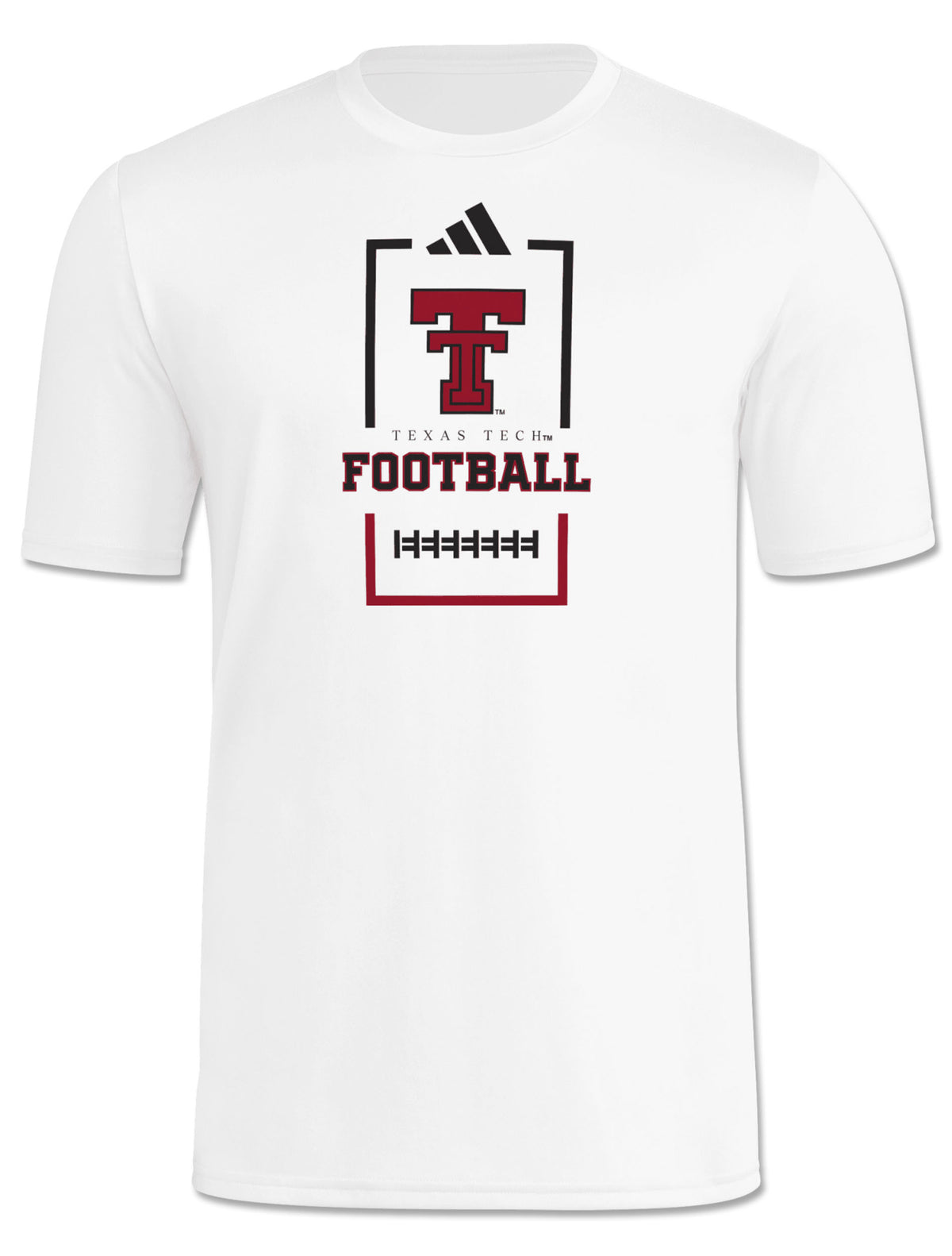 White Adidas Texas Tech performance tee with the adidas Badge of Sport above a bracketed Double T, FOOTBALL lettering, and football laces artwork beneath