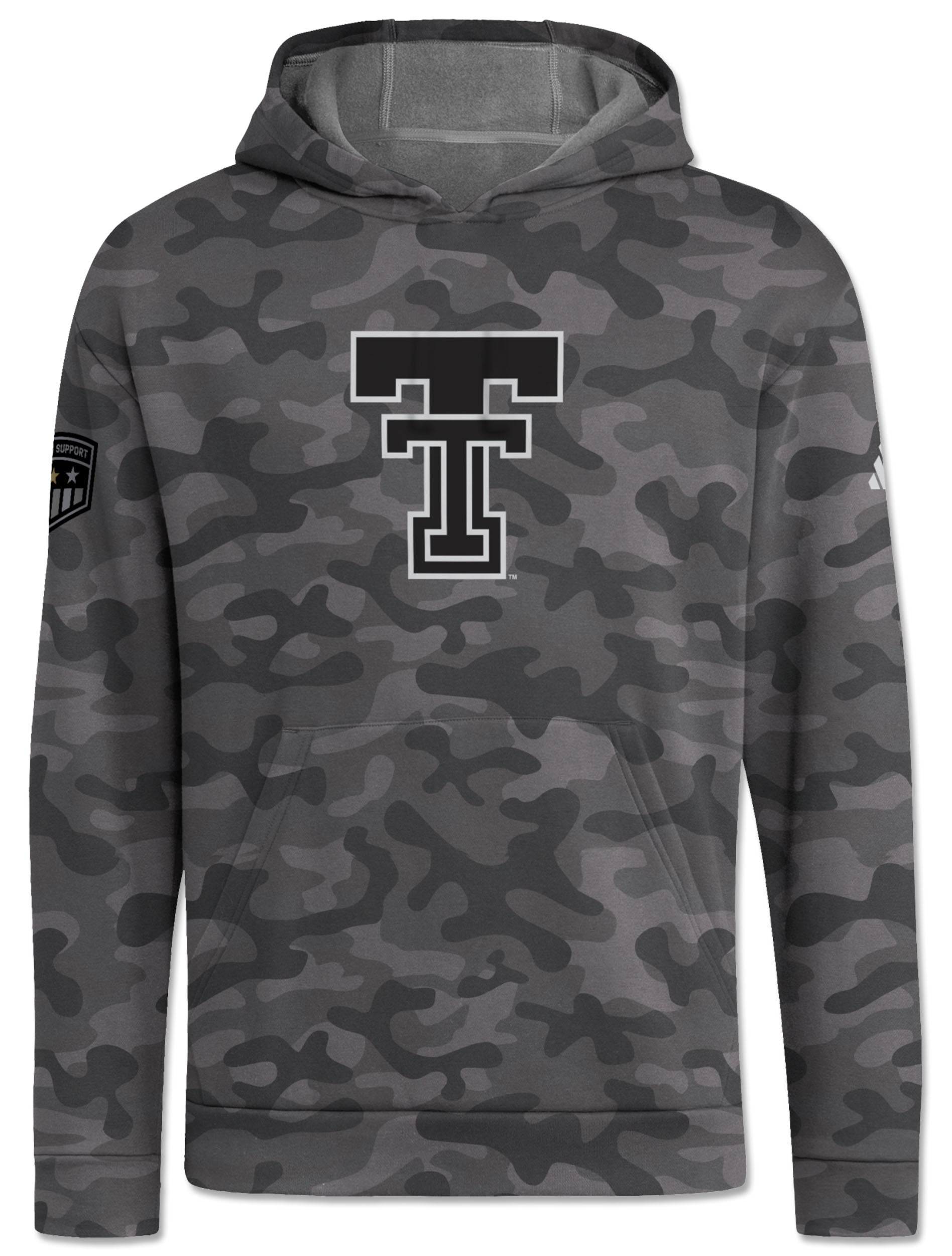 Grey camo Adidas Texas Tech Honor and Support Sideline hoodie with a large black throwback Double T on the chest and the Honor & Support shield on the sleeve