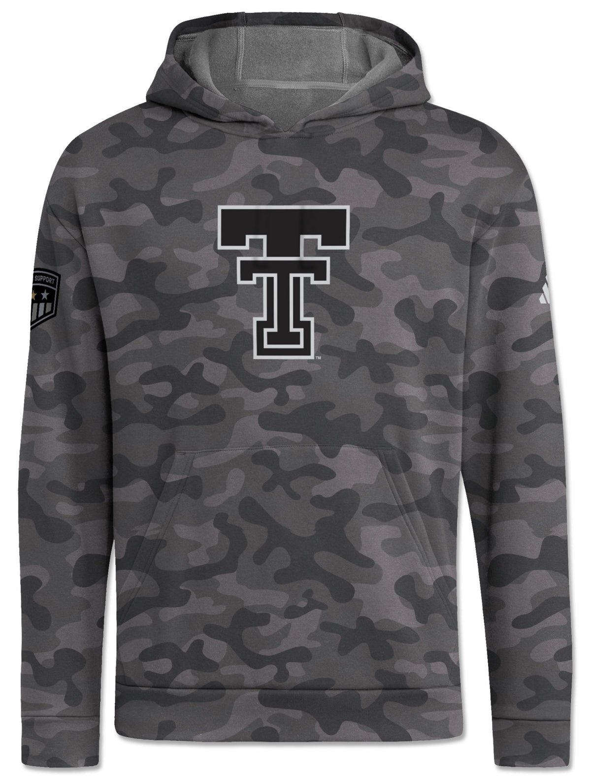 Grey camo Adidas Texas Tech Honor and Support Sideline hoodie with a large black throwback Double T on the chest and the Honor & Support shield on the sleeve