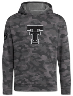 Grey camo Adidas Texas Tech Honor and Support Sideline hoodie with a large black throwback Double T on the chest and the Honor & Support shield on the sleeve