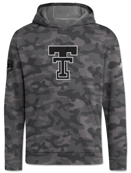 Grey camo Adidas Texas Tech Honor and Support Sideline hoodie with a large black throwback Double T on the chest and the Honor & Support shield on the sleeve