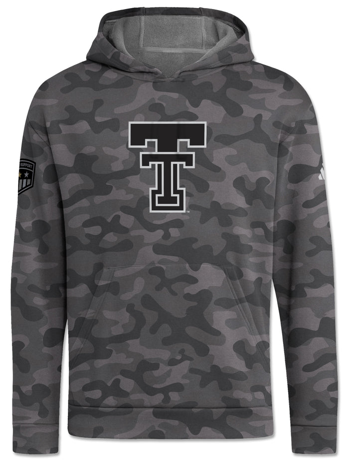Grey camo Adidas Texas Tech Honor and Support Sideline hoodie with a large black throwback Double T on the chest and the Honor & Support shield on the sleeve
