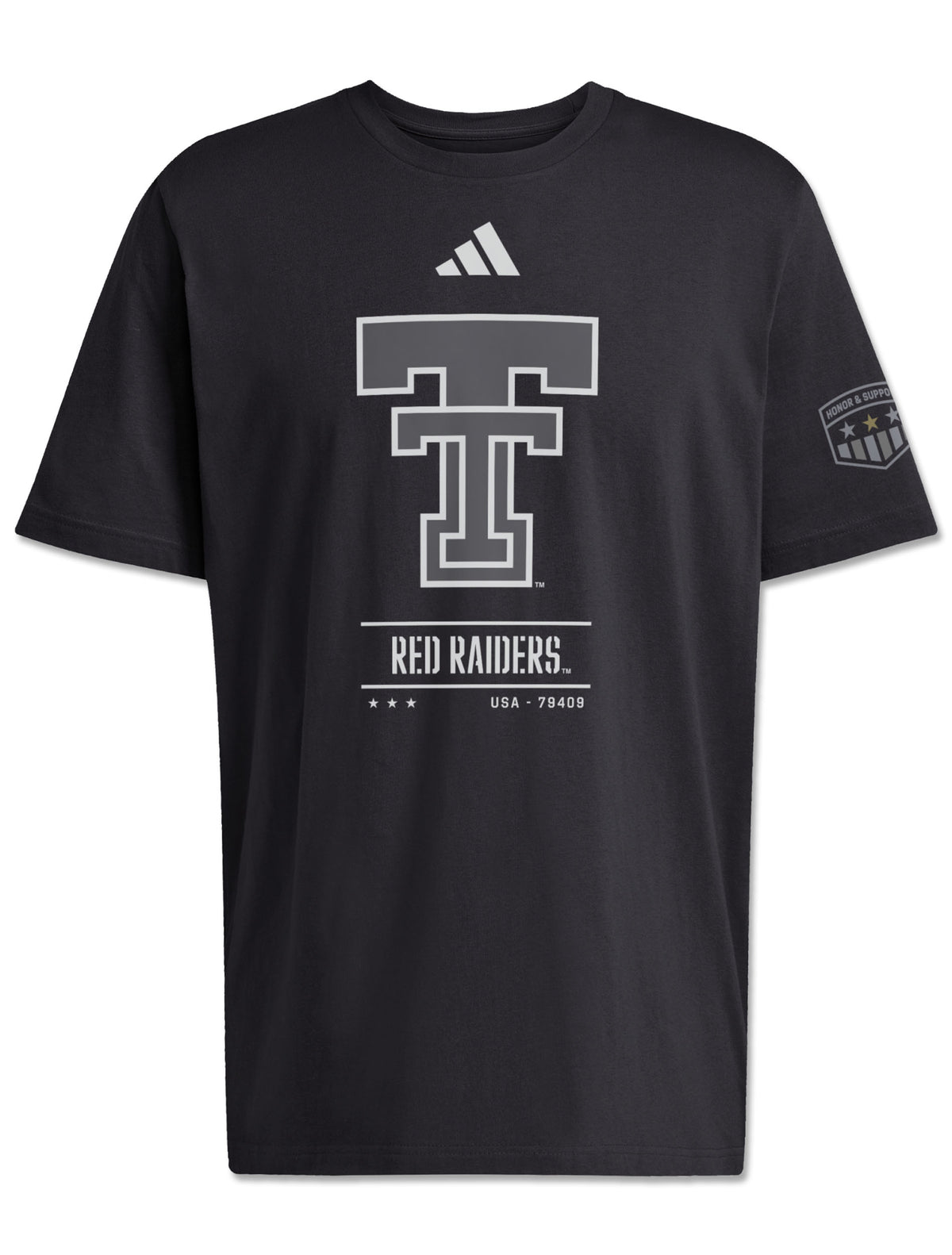 Adidas Texas Tech Sideline 2026 Honor and Support black t-shirt with a grey Double T, RED RAIDERS and USA - 79409 on the chest and an Honor & Support shield on the left sleeve