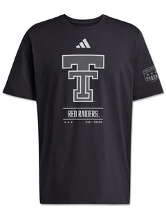 Adidas Texas Tech Sideline 2026 Honor and Support black t-shirt with a grey Double T, RED RAIDERS and USA - 79409 on the chest and an Honor & Support shield on the left sleeve