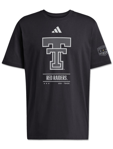 Adidas Texas Tech Sideline 2026 Honor and Support black t-shirt with a grey Double T, RED RAIDERS and USA - 79409 on the chest and an Honor & Support shield on the left sleeve