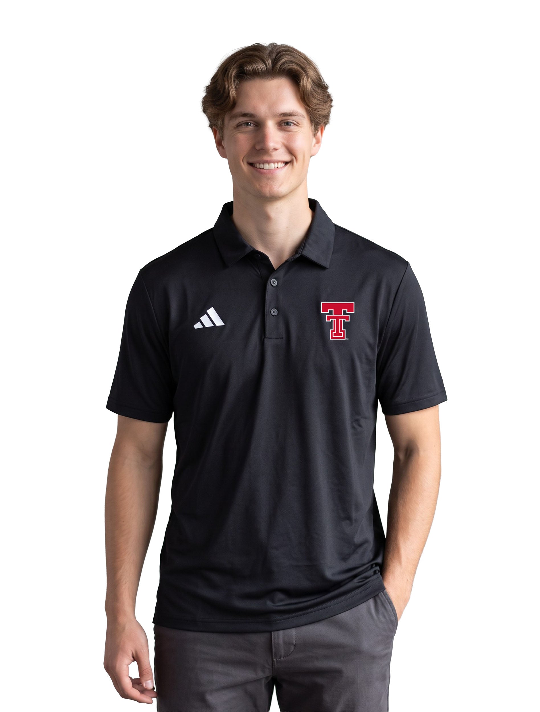 Adidas Texas Tech Sideline 2026 Black Polo with New Double T (front)