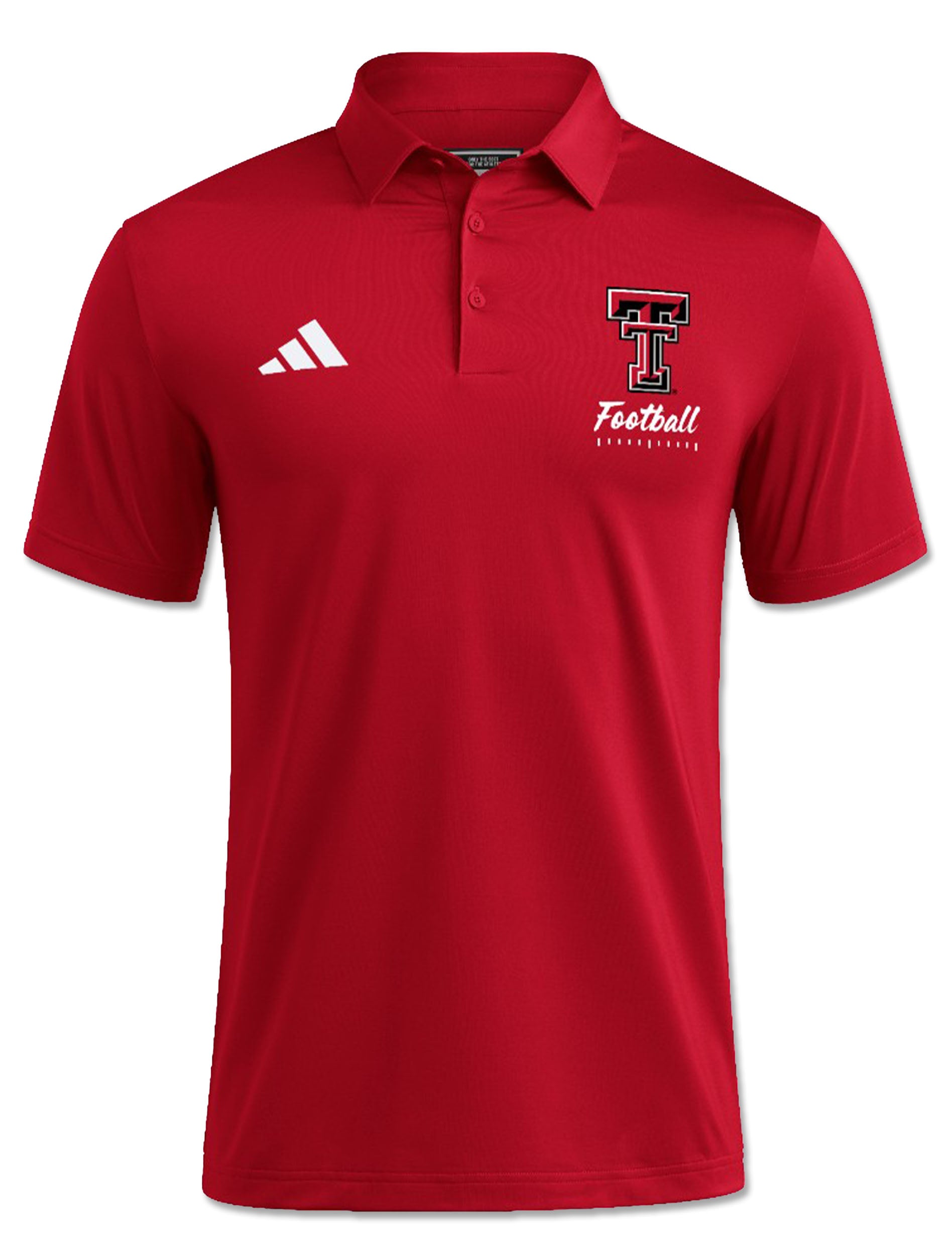 Red Adidas Texas Tech Ultimate365 polo with a three button placket and a printed Double T at the chest above Football in white script