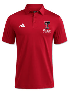 Red Adidas Texas Tech Ultimate365 polo with a three button placket and a printed Double T at the chest above Football in white script