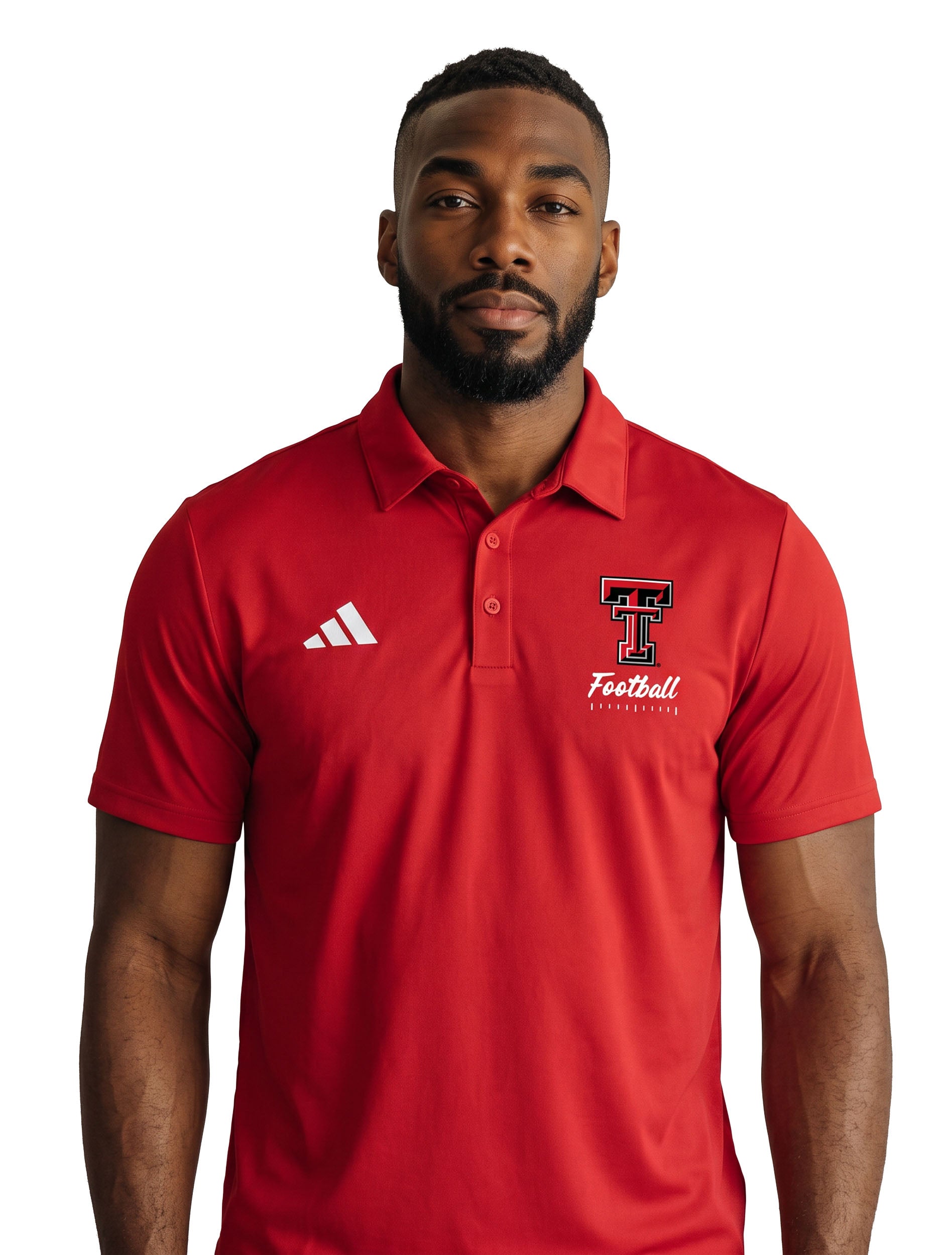 Model wearing the red Adidas Texas Tech Ultimate365 polo, front view showing the three button placket and the Double T with Football script at the chest
