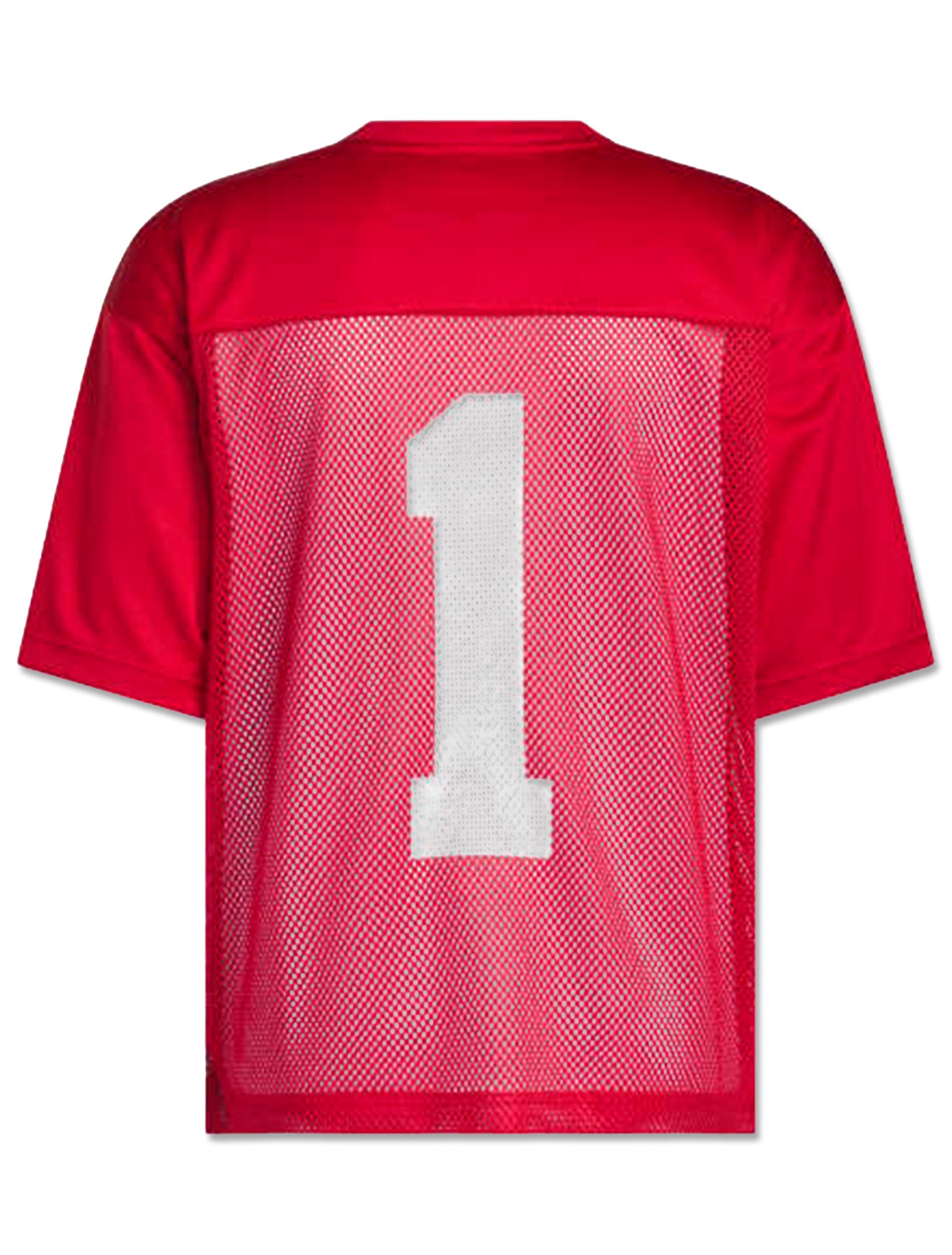 Back of the red Adidas Texas Tech Tailgate Jersey showing a large white number one on the mesh body