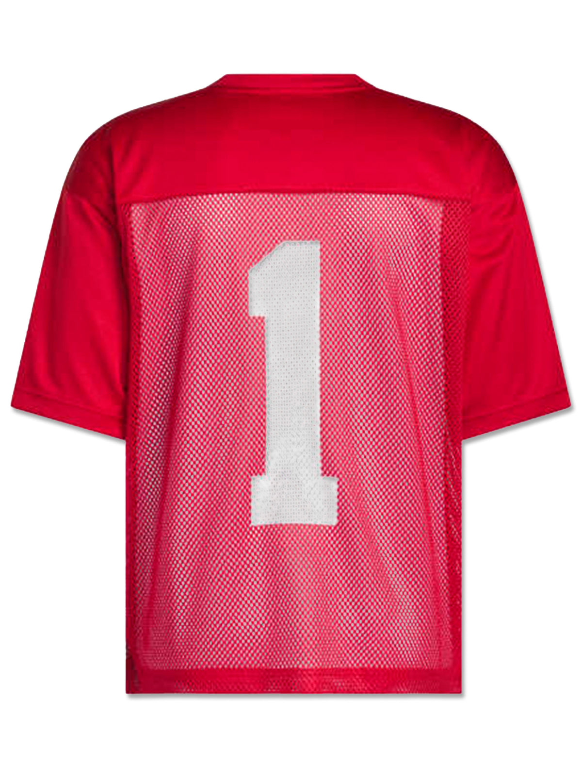 Back of the red Adidas Texas Tech Tailgate Jersey showing a large white number one on the mesh body