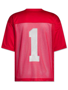 Back of the red Adidas Texas Tech Tailgate Jersey showing a large white number one on the mesh body