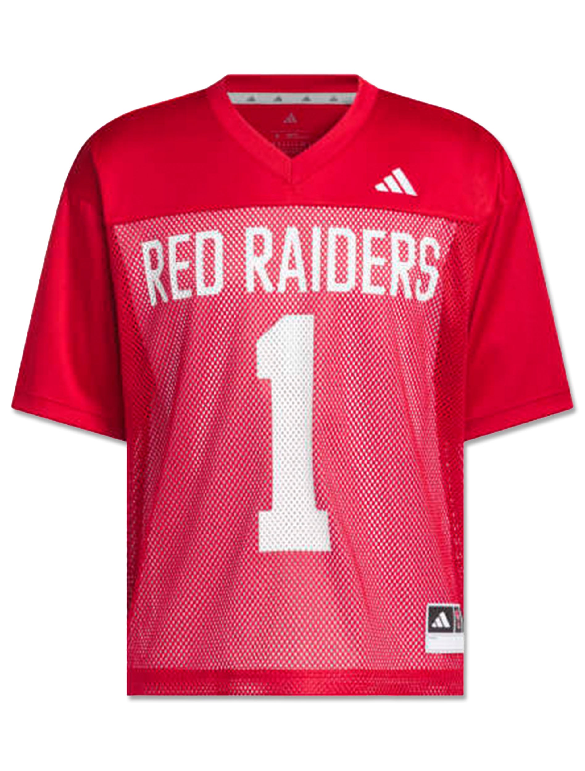 Front of the red Adidas Texas Tech Tailgate Jersey with RED RAIDERS arched in white above a large number one, adidas logo at the left chest
