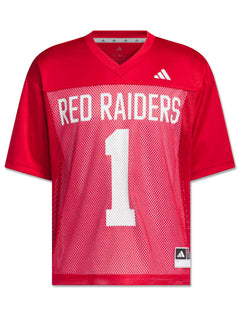 Front of the red Adidas Texas Tech Tailgate Jersey with RED RAIDERS arched in white above a large number one, adidas logo at the left chest