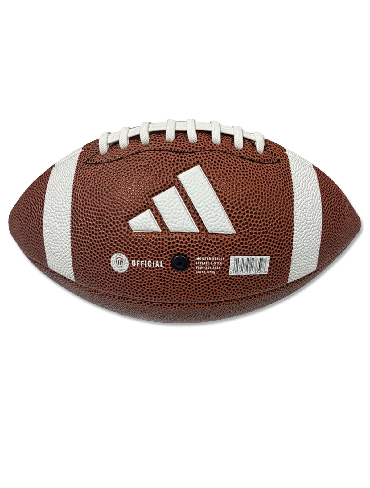 Back of the Adidas Texas Tech composite football with a white Adidas badge of sport, white stripes and white laces
