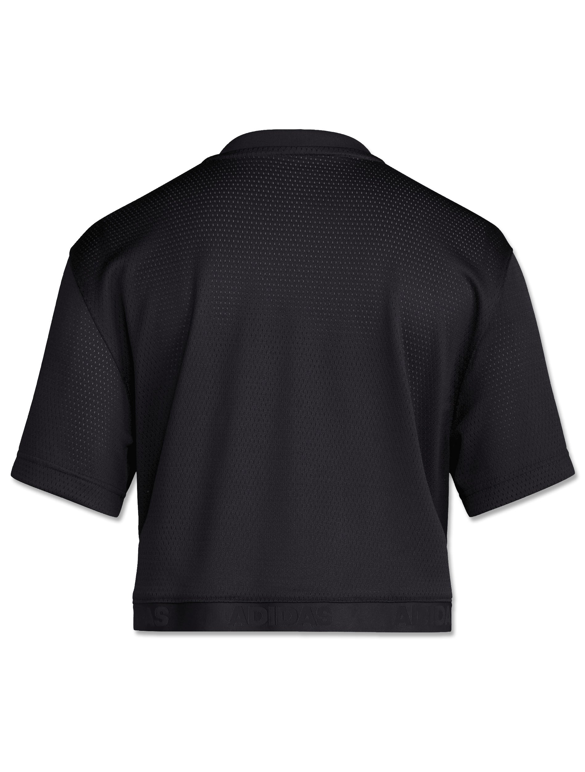 Back of a black Texas Tech women's mesh crop jersey, left plain with an adidas branded elastic hem band