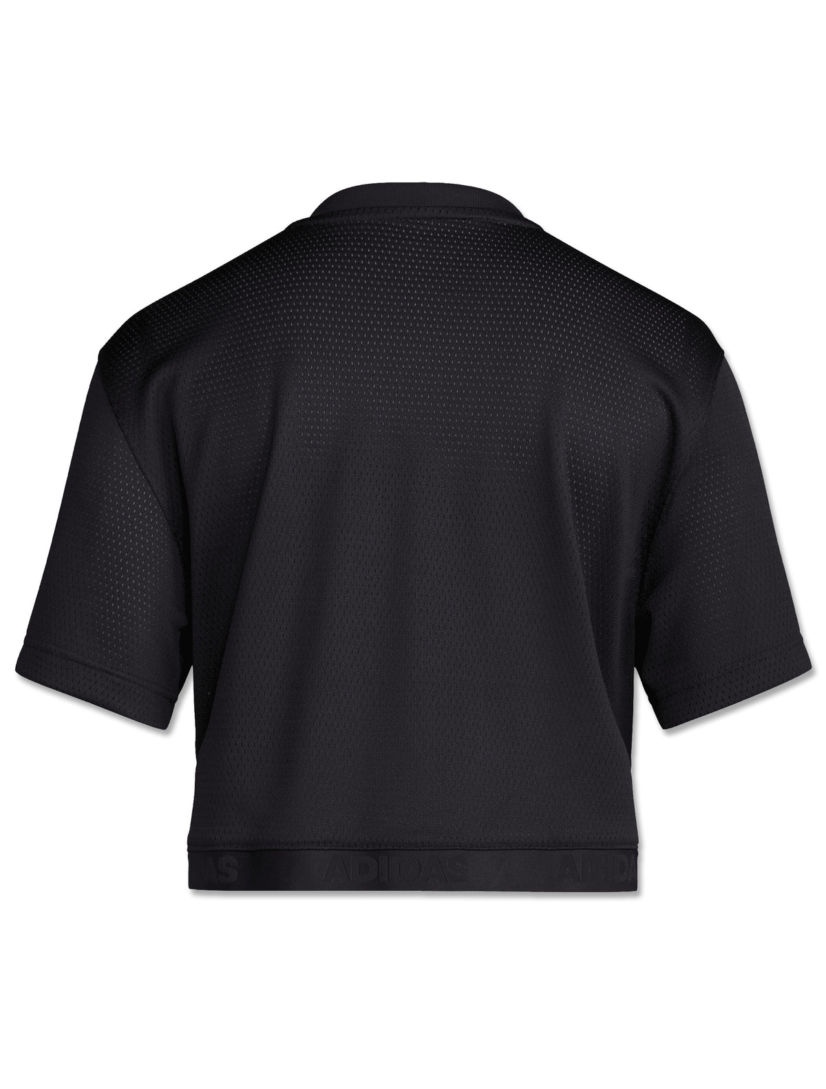 Back of a black Texas Tech women's mesh crop jersey, left plain with an adidas branded elastic hem band
