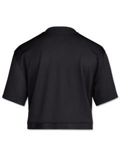Back of a black Texas Tech women's mesh crop jersey, left plain with an adidas branded elastic hem band