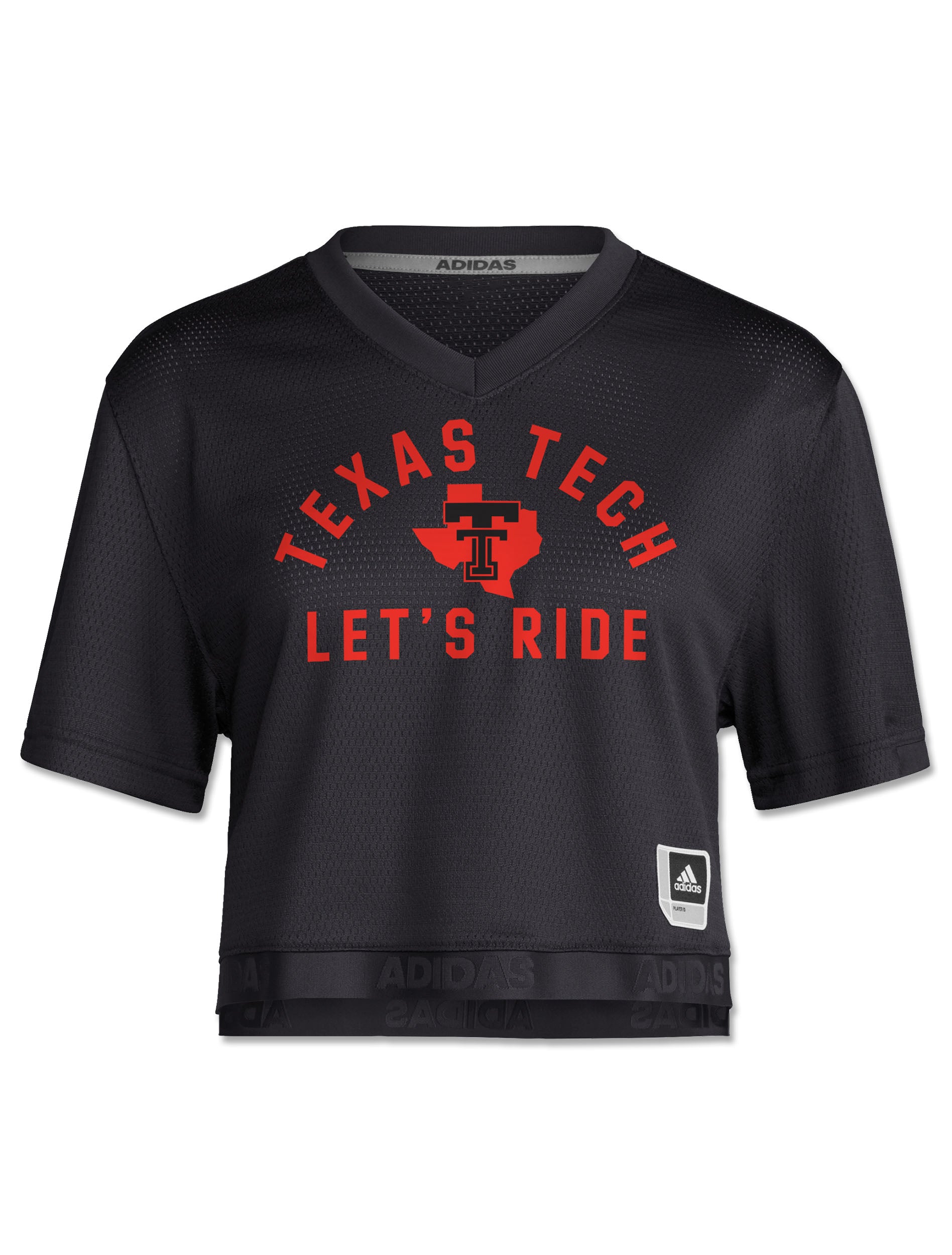 Front of a black Texas Tech women's mesh crop jersey with TEXAS TECH arched in red above the Lone Star Pride logo and LET'S RIDE beneath