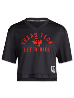 Front of a black Texas Tech women's mesh crop jersey with TEXAS TECH arched in red above the Lone Star Pride logo and LET'S RIDE beneath
