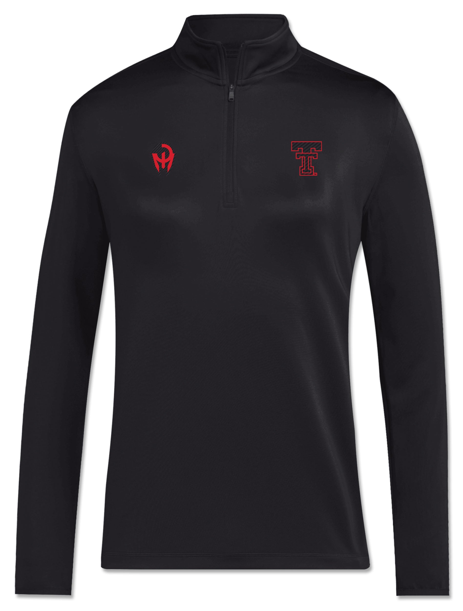 Black Adidas Texas Tech Red Raiders women's quarter zip with the Mahomes Gladiator logo on the right chest and a red outlined Double T on the left chest