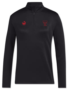 Black Adidas Texas Tech Red Raiders women's quarter zip with the Mahomes Gladiator logo on the right chest and a red outlined Double T on the left chest