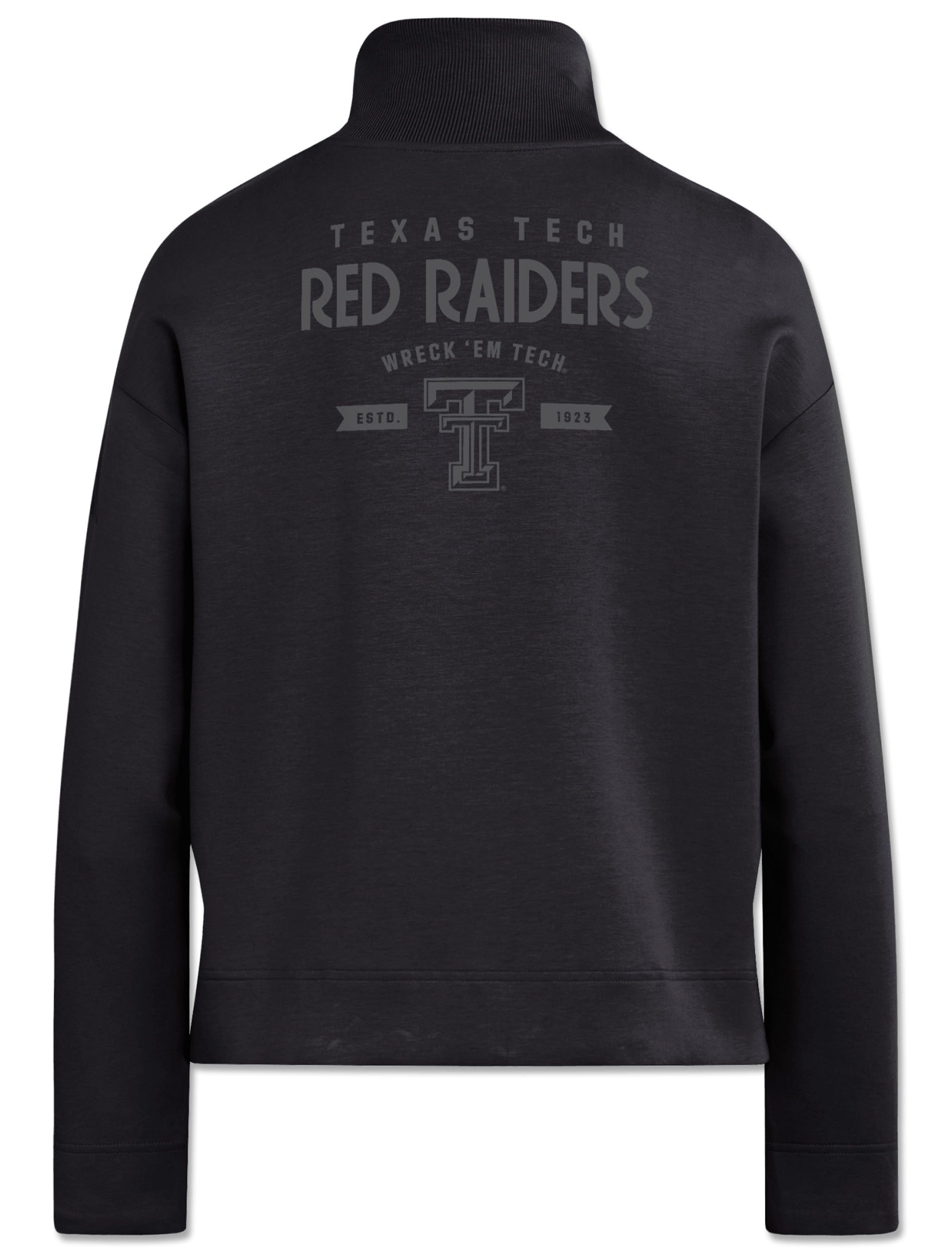 Back of a black Adidas women's quarter zip with tonal grey TEXAS TECH RED RAIDERS, WRECK 'EM TECH and the Double T