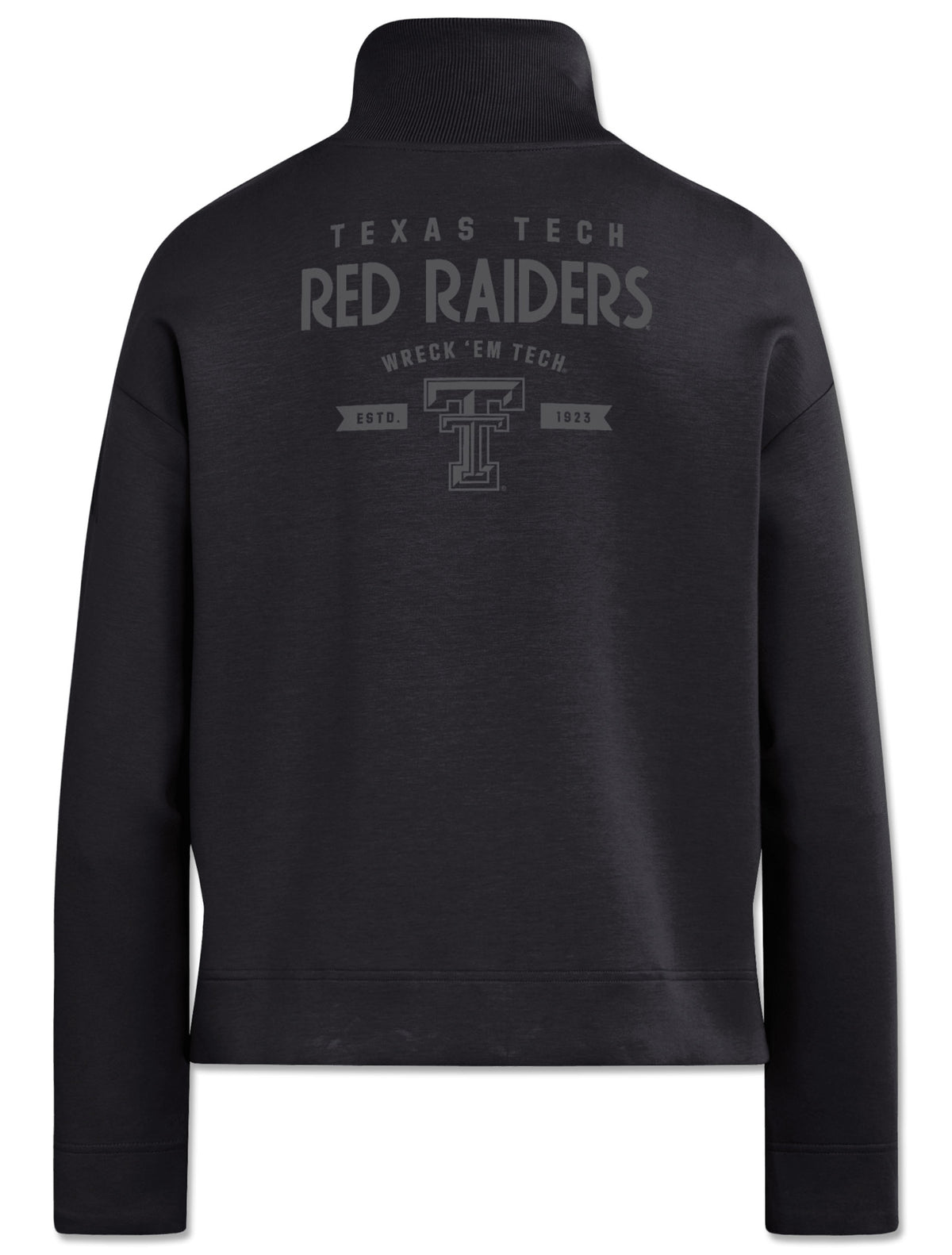Back of a black Adidas women's quarter zip with tonal grey TEXAS TECH RED RAIDERS, WRECK 'EM TECH and the Double T