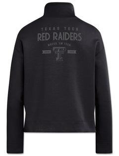 Back of a black Adidas women's quarter zip with tonal grey TEXAS TECH RED RAIDERS, WRECK 'EM TECH and the Double T