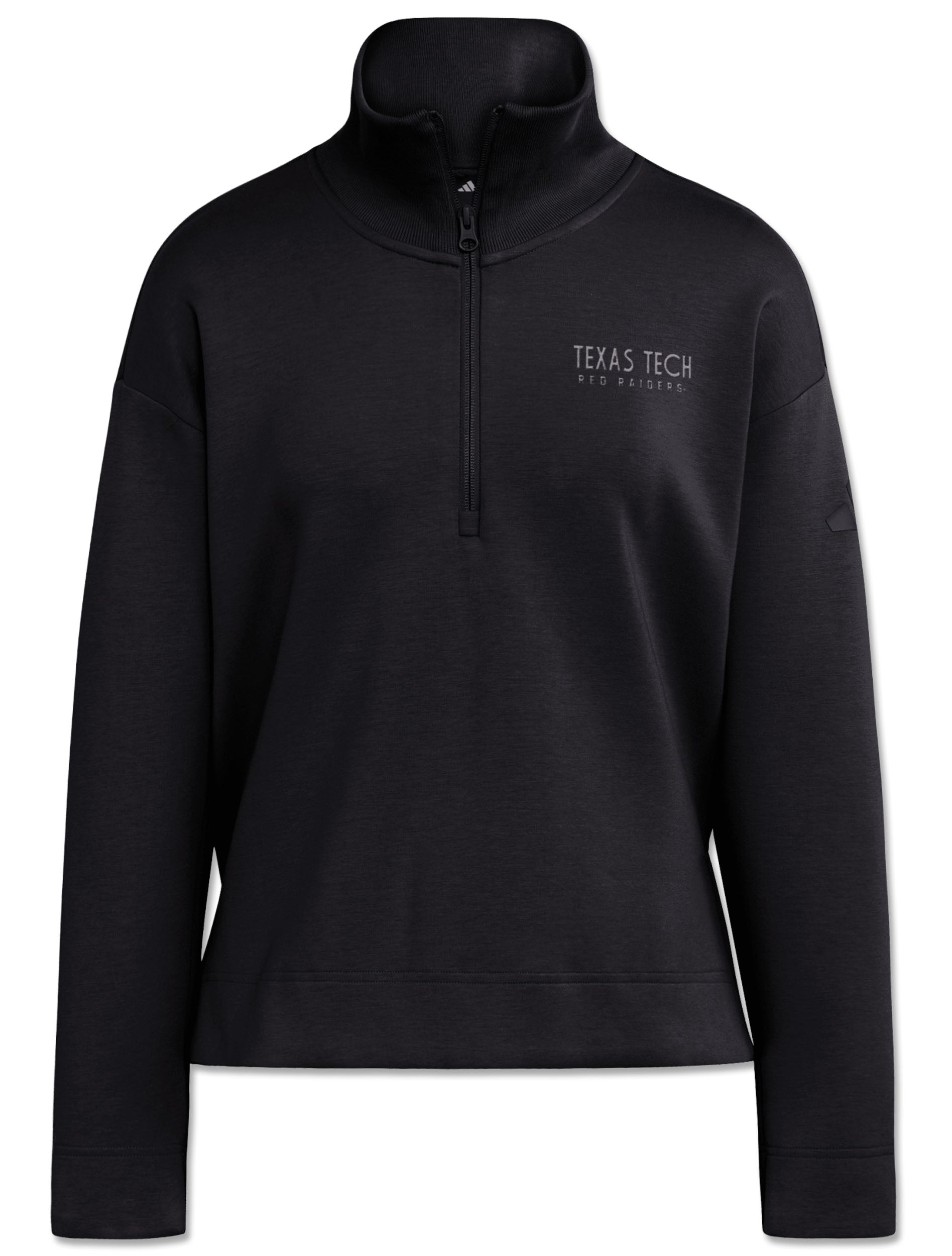 Black Adidas women's quarter zip with tonal grey TEXAS TECH RED RAIDERS on the left chest and a tall funnel collar