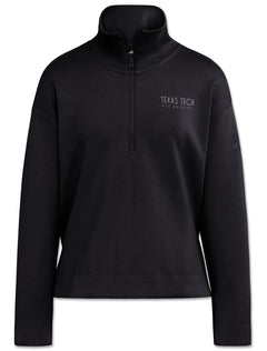 Black Adidas women's quarter zip with tonal grey TEXAS TECH RED RAIDERS on the left chest and a tall funnel collar