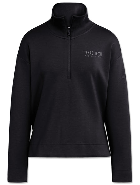 Black Adidas women's quarter zip with tonal grey TEXAS TECH RED RAIDERS on the left chest and a tall funnel collar