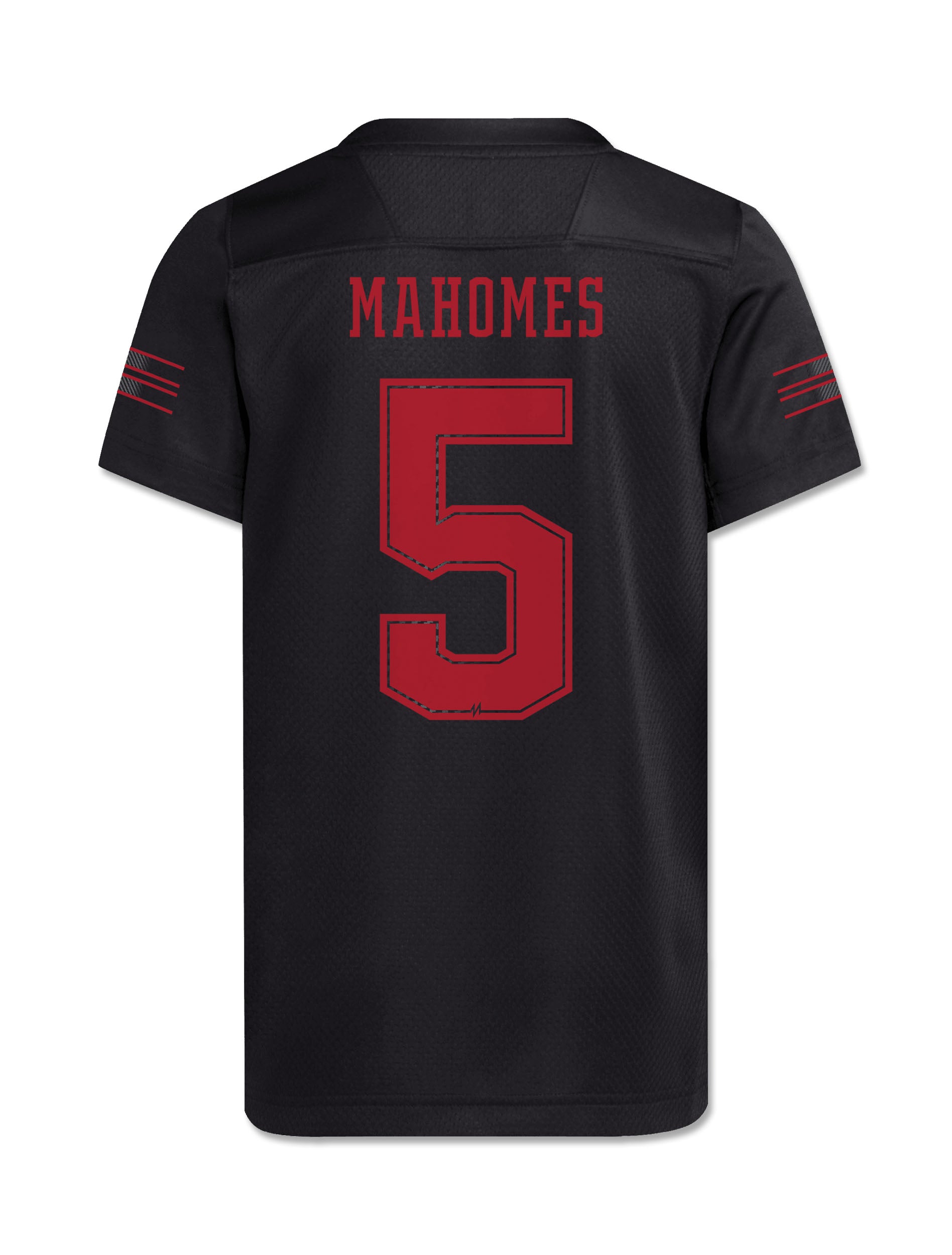 Back of the black Texas Tech youth Mahomes jersey with MAHOMES arched in red above the number 5