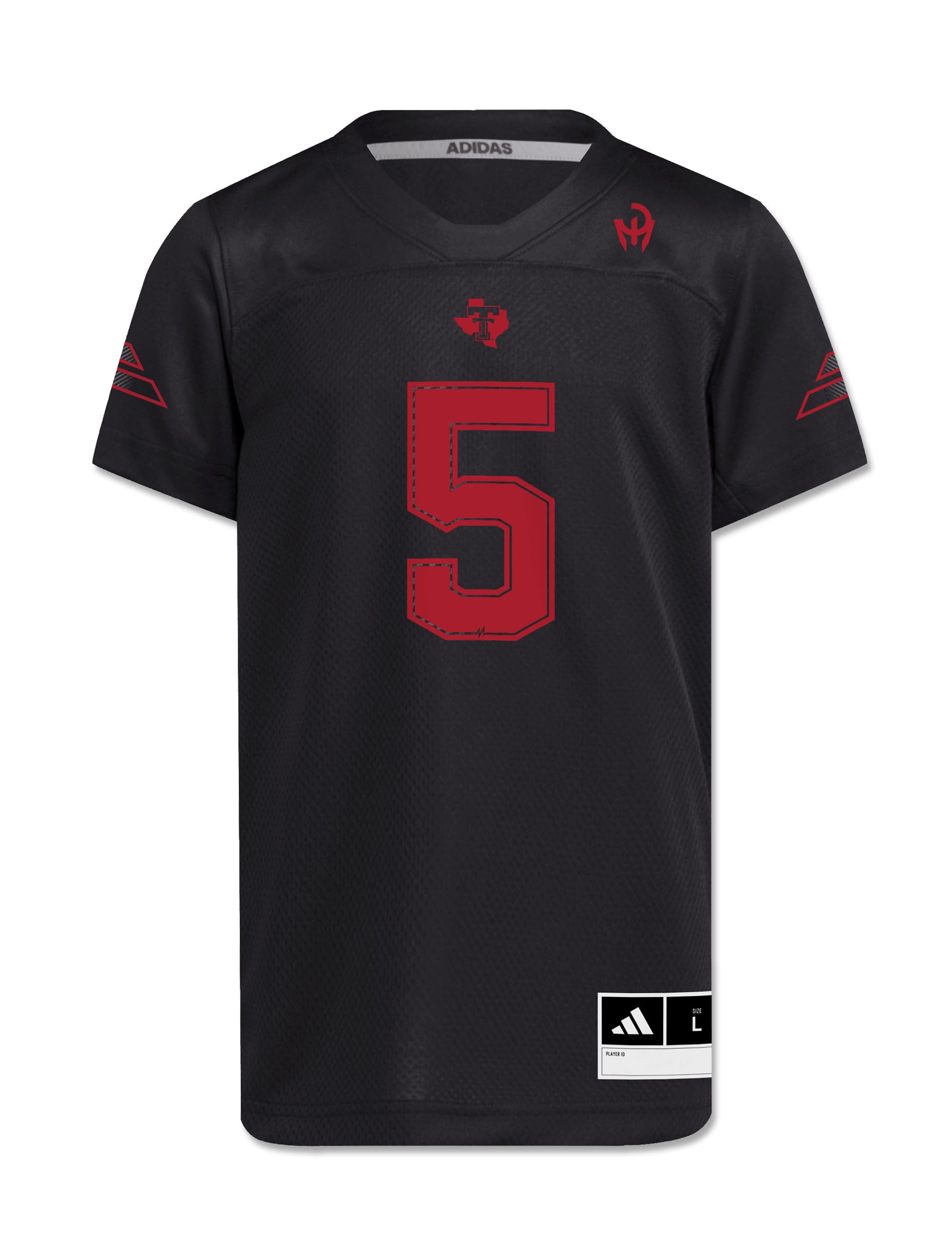 Front of the black Texas Tech youth Mahomes jersey with a deep red number 5, the Lone Star Pride logo below the collar and the Mahomes Gladiator logo at the chest