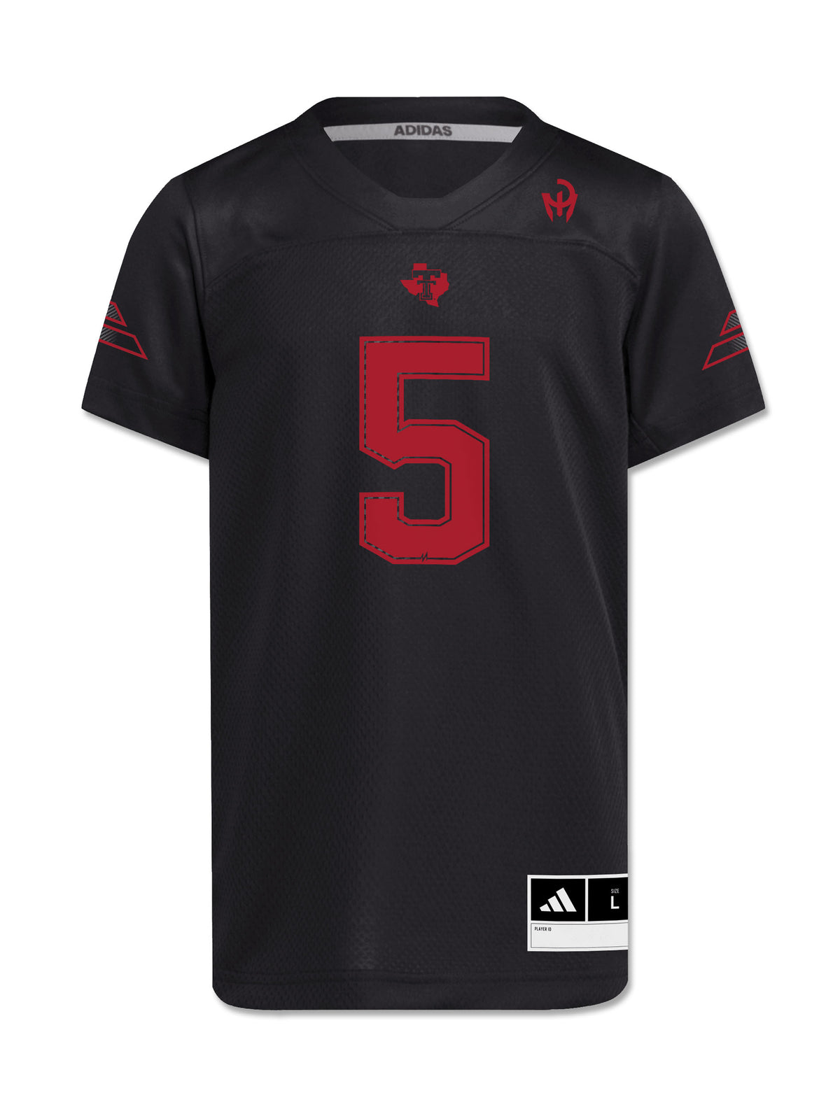 Front of the black Texas Tech youth Mahomes jersey with a deep red number 5, the Lone Star Pride logo below the collar and the Mahomes Gladiator logo at the chest