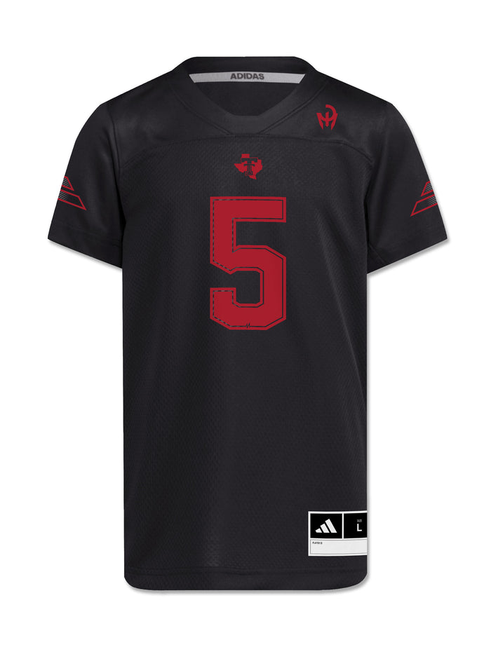 Front of the black Texas Tech youth Mahomes jersey with a deep red number 5, the Lone Star Pride logo below the collar and the Mahomes Gladiator logo at the chest