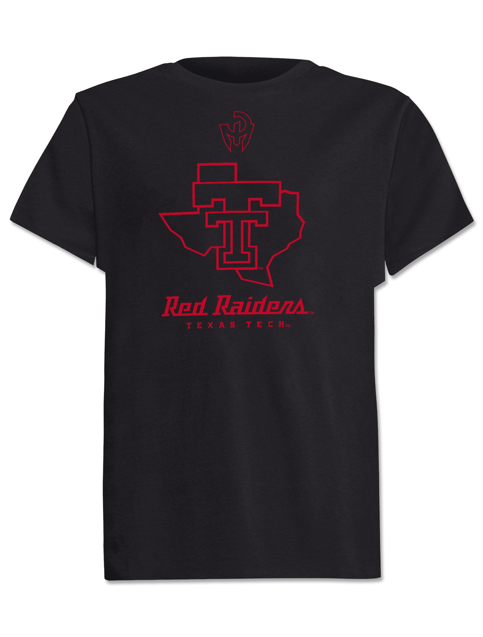 Front of the black youth Texas Tech t-shirt with the Mahomes Gladiator logo above the Lone Star Pride logo in red outline, with Red Raiders in script beneath