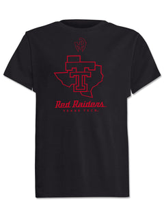 Front of the black youth Texas Tech t-shirt with the Mahomes Gladiator logo above the Lone Star Pride logo in red outline, with Red Raiders in script beneath