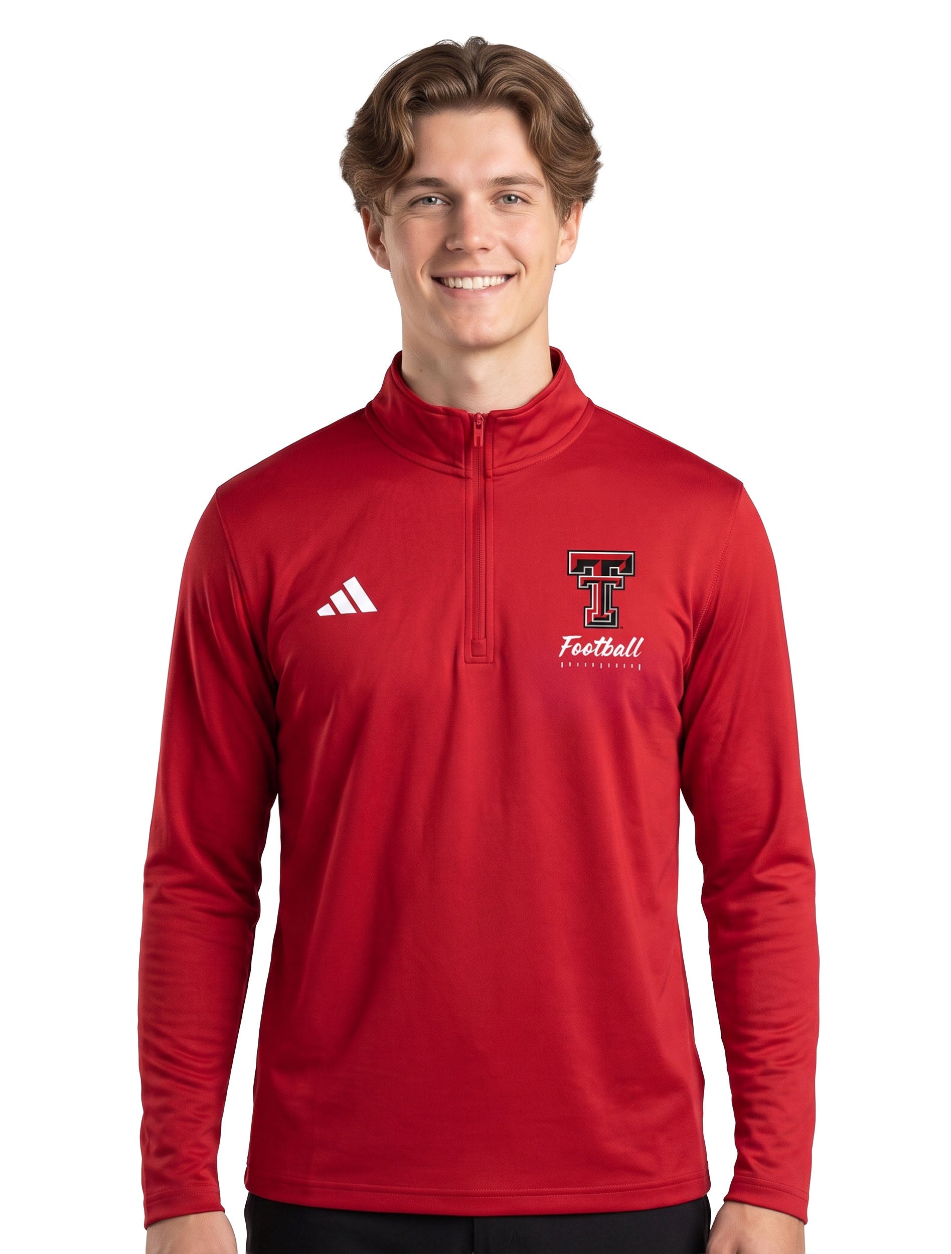 Model wearing the red Adidas Texas Tech quarter zip pullover, front view showing the stand up collar and the chest lockup