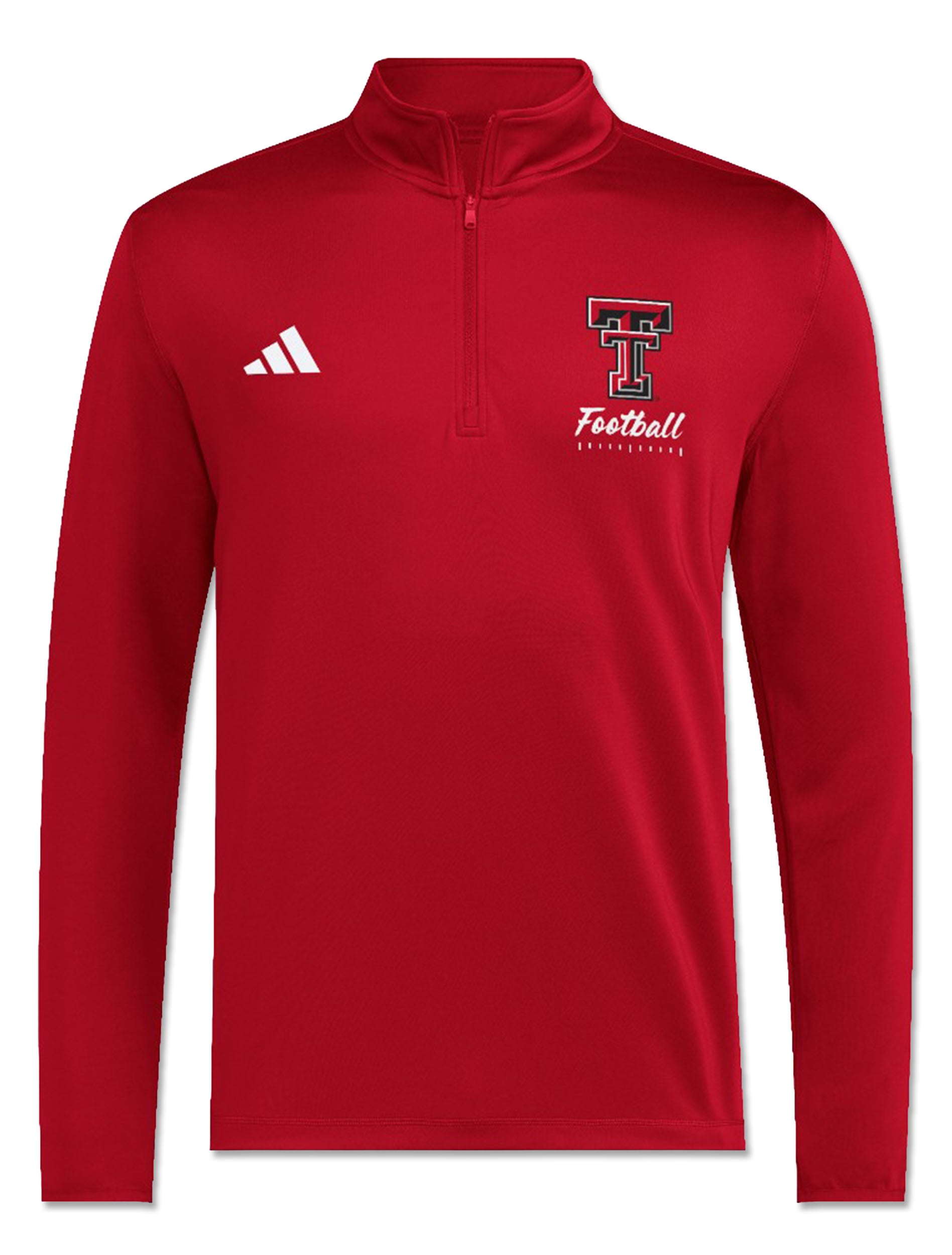 Red Adidas Texas Tech quarter zip pullover with a stand up collar, a Double T with Football detail at the chest and the adidas mark opposite