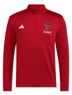 Red Adidas Texas Tech quarter zip pullover with a stand up collar, a Double T with Football detail at the chest and the adidas mark opposite