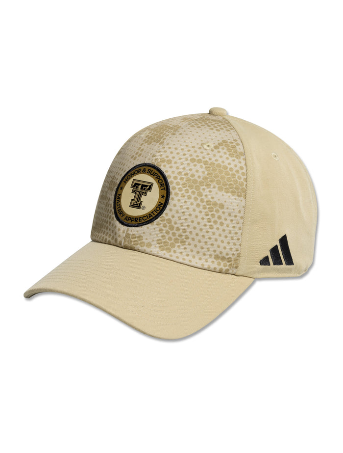 Front view of a black Double T Honor & Support Military Appreciation patch on a tan Adidas Texas Tech adjustable hat