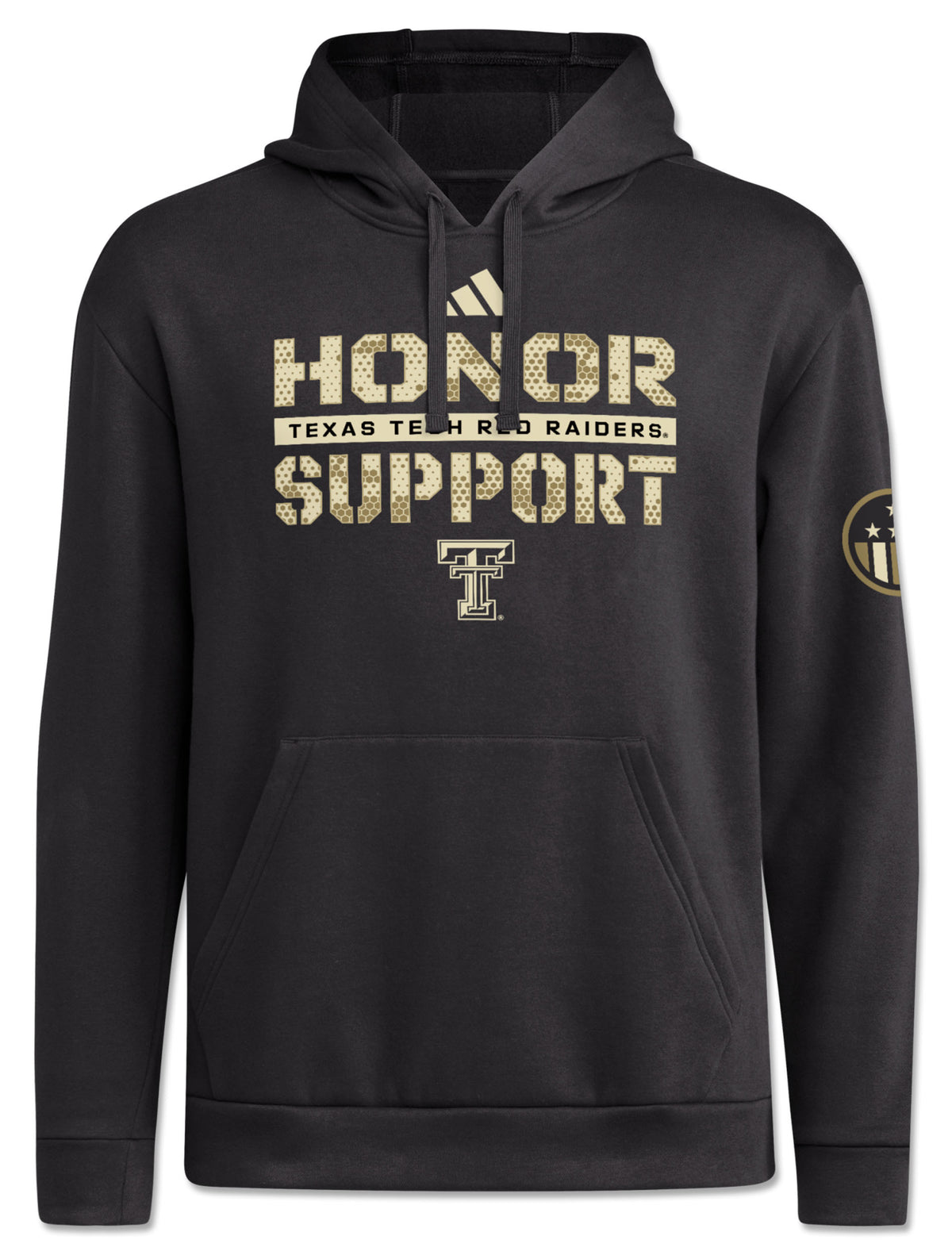 Front view of a camo-fill Honor and Support wordmark and cream Double T on a black Adidas Texas Tech fleece hoodie