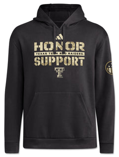 Front view of a camo-fill Honor and Support wordmark and cream Double T on a black Adidas Texas Tech fleece hoodie