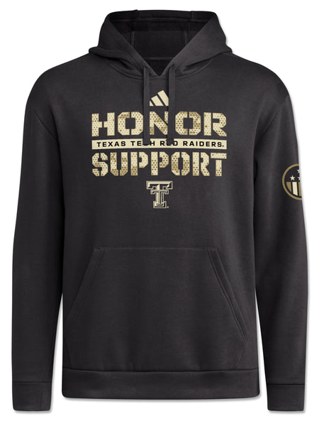 Front view of a camo-fill Honor and Support wordmark and cream Double T on a black Adidas Texas Tech fleece hoodie
