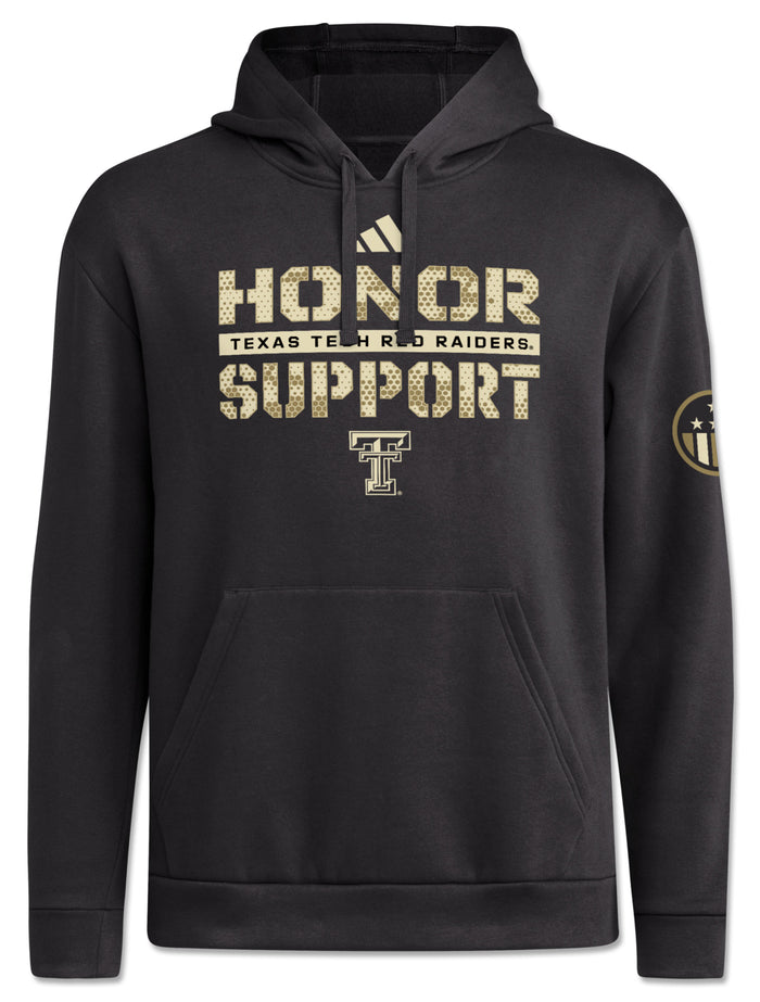 Front view of a camo-fill Honor and Support wordmark and cream Double T on a black Adidas Texas Tech fleece hoodie