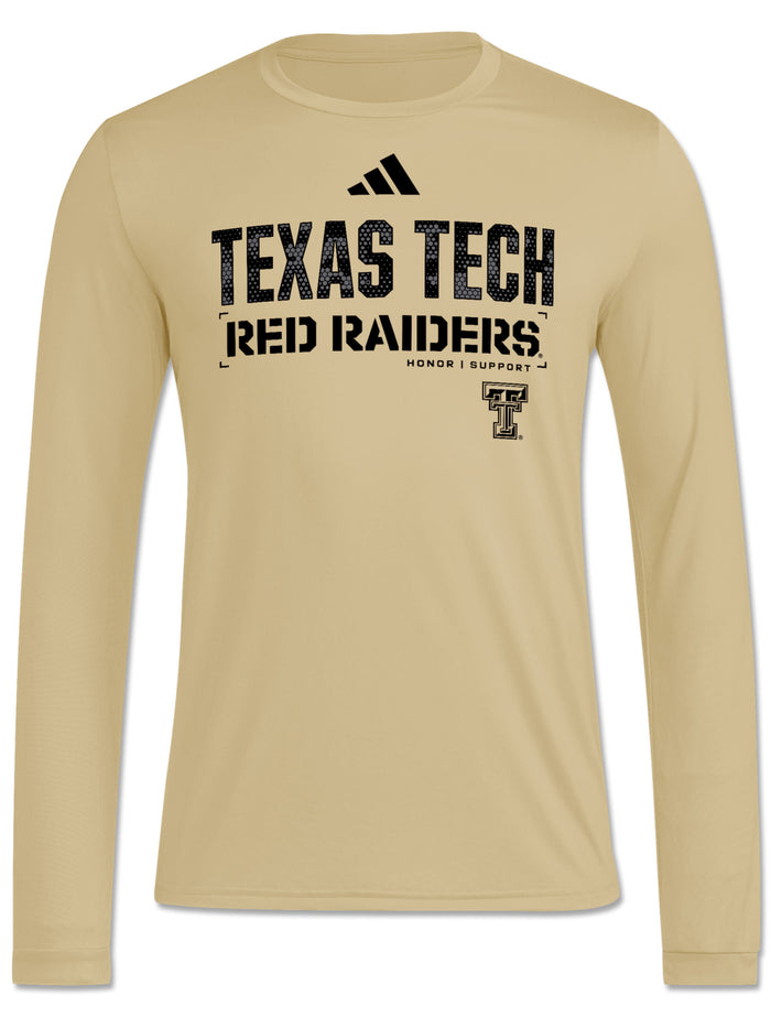 Front view of a black Texas Tech Red Raiders Honor & Support stencil graphic on a tan Adidas long sleeve t-shirt