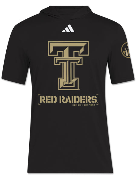 Front view of a gold Double T and Red Raiders Honor & Support stencil graphic on a black Adidas short sleeve hood