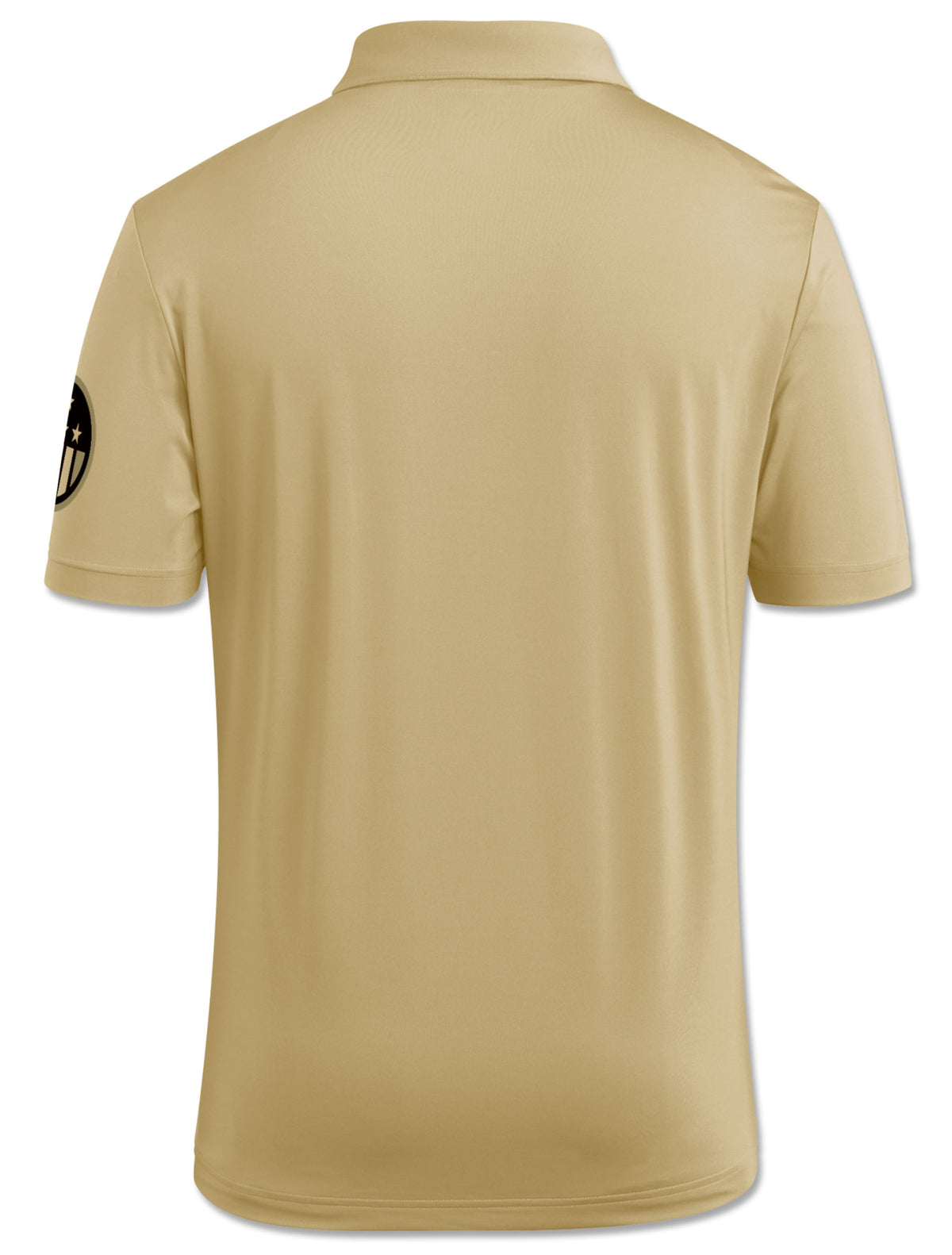 Back view of a tan Adidas Texas Tech Ultimate365 polo with an Honor & Support roundel on the sleeve